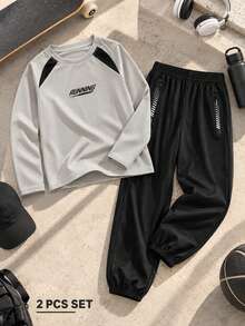 2pcs/Set Boys Gray & Black Running Pattern Long Sleeve Sports Top And Jogging Pants, Suitable For Training, School And Outdoor Activities - Grey - View 2