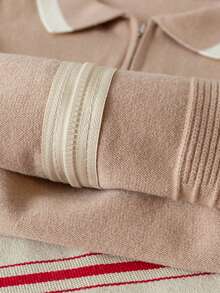Young Boy Contrast Color Long Sleeve Zip-Up Knit Cardigan Suitable For School Daily Wear Spring Autumn Winter - Apricot - View 9