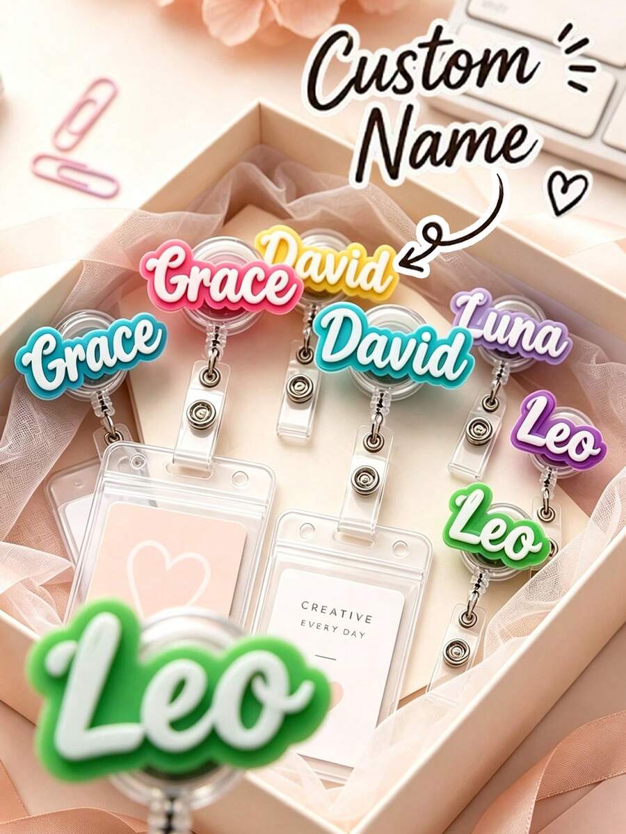 Personalized Name Retractable Badge Holder, Customized Text Name Tag, Customizable Text/Name ID Badge Clip, Healthcare Worker Name Badge, Office ID Badge Holder, Gift For Nurses, Doctors, Colleagues And Teams, Holiday, Teacher's Day Customized Office Gift - Multicolor - View 1
