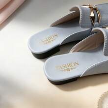 Elegant Light Blue Embossed Closed-Toe Half-Slingback Rhinestone Metal Bow Slip-On Flat Mule Shoes Preppy - Light Blue - View 3