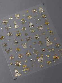 1 Sheet Metallic Texture Nail Stickers, Exquisite Gilded Christmas Tree Snowflake Bow Candy Cane Star Ornament Embossed Self‑Adhesive Decals, Luxurious Holiday Nail Decor For Party & Daily DIY - Gold - View 5