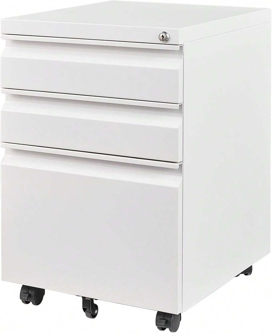 Archivador Móvil de Metal Blanco 44x37x62 cm | Gabinete de 3 Cajones con Cerradura y Ruedas para Debajo del Escritorio | Compatible con Carta Legal y A4 para Oficina en Casa | Totalmente Ensamblado - Blanco - Ver 1