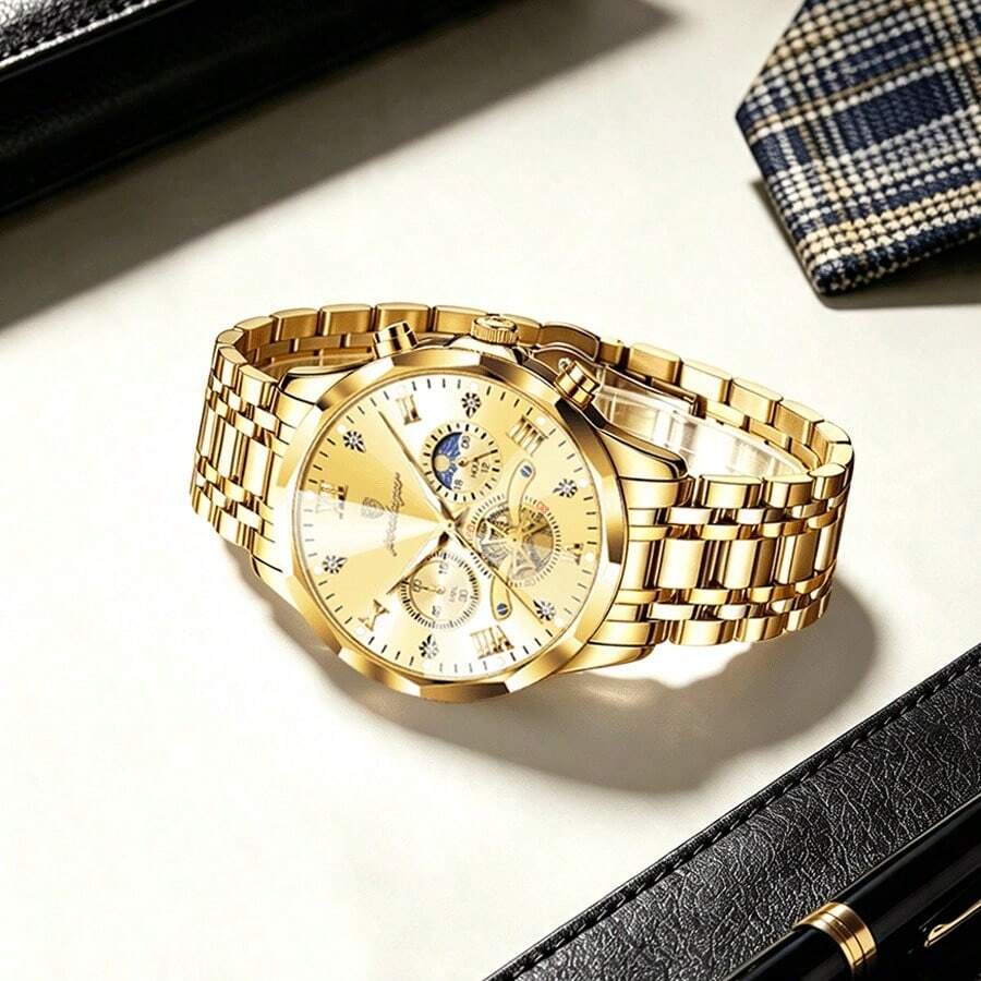 POEDAGAR Luxury Men's Watch, Crafted From Waterproof Stainless‑Steel With Chronograph Function. Fashion‑Exquisite Look, Ideal For Daily Wear And Gifti - Gold - View 1