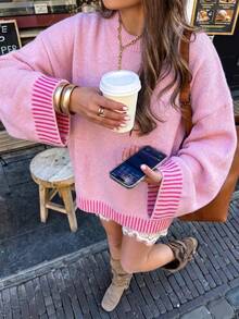 Cute Pink Women's Sweater, Long Sleeve Pullover, With Striped Details, Comfortable Winter Fashion, Suitable For Daily Wear - Pink - View 2