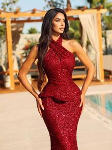 Shiny Red Sequin Halter Neck Long Mermaid Dress, Charming Sleeveless Bodycon Design Evening Gown, Suitable For Formal Occasions, Dinner Parties, Events - Burgundy - View 5