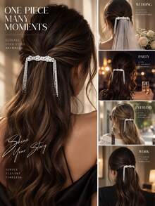 STONEFANS 1pc New Rhinestone Ponytail Tassel Hair Clip, European And American Fashion Crystal Hair Accessory Headpiece Hair Chain - Silver - View 5
