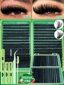 640/608/540pcs DIY Eyelash Extension Kit: Mixed Length 10-16mm, 10D-150D Cluster, 0.07mm D Curl, Fluffy Style. Includes Glue, Brush And Tweezers. Suitable For All Makeup Looks, Portable And Beginner-Friendly. - Multicolor - View 2