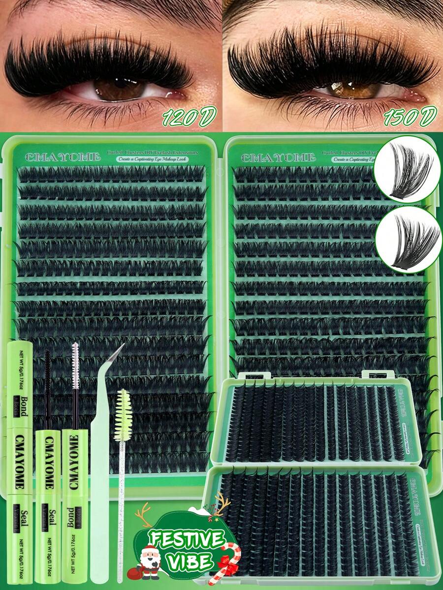 640/608/540pcs DIY Eyelash Extension Kit: Mixed Length 10-16mm, 10D-150D Cluster, 0.07mm D Curl, Fluffy Style. Includes Glue, Brush And Tweezers. Suitable For All Makeup Looks, Portable And Beginner-Friendly.