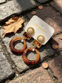 2pcs Bohemian Colorful Resin Round Water Drop Rhinestone Pendant Earrings, Daily Casual Outfit Accessory Gift - Large Circle - View 11