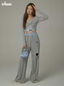 CHUU Embroidered Letter Contrast Color T-Shirt Women's Autumn Design V-Neck Versatile Long Sleeve Top - Light Grey - View 5
