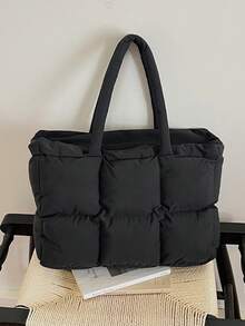 1 buah Tas Bahu Kasual Anak Perempuan Motif Kotak-kotak Berlapis Bahan Nilon Warna Polos dengan Penutup Resleting, Tas Empuk Cocok untuk Penggunaan Sehari-hari di Musim Gugur/Dingin - A - View 9