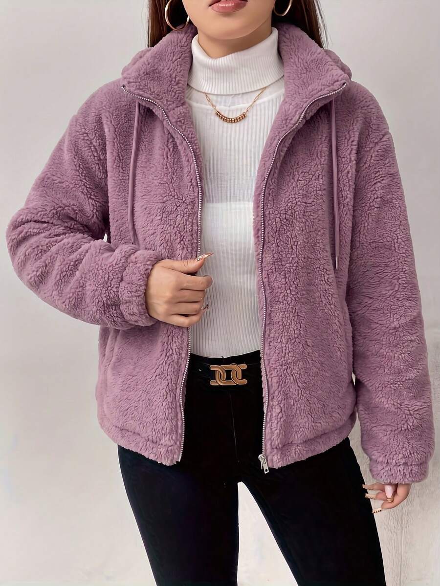 Abrigo casual de mujer morado, peludo, con cremallera completa, cuello alto, manga larga, corte regular, con cordón y bolsillos, prenda de abrigo cálida para otoño e invierno - Morado - Ver 1