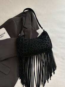 New Retro Fashion Leopard Print Square Bag, Tassel And Rivet Decor, Zipper Closure, Large Capacity Lightweight Minimalist, Soft Texture Shoulder Underarm Bag, Suitable For Women's Daily Life, Casual, Commute, Work, Vacation And Student Use - Black - View 5