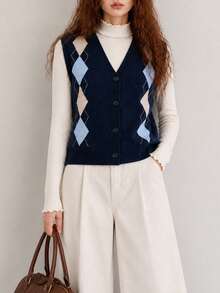 Women's Autumn/Winter Preppy Style V-Neck Argyle Knit Cardigan Vest, Vintage Regular Fit Sleeveless Sweater, Winter Layering Essential - Navy Blue - View 4