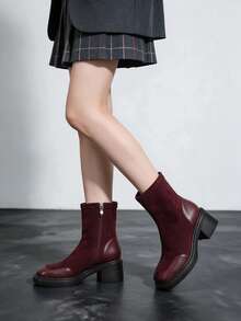 Women's Plus Size Square Toe Elastic Sock Ankle Boots, Chunky Heel Patchwork Retro High Heel Boots, Versatile Slip-On Ankle Boots For Daily Wear - Burgundy - View 2