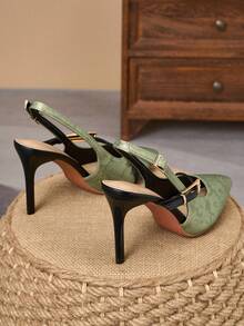 Chinese Style Retro Jacquard High Heel Shoes For Women, Green Satin Pointed Toe Slingback Stiletto Strap Evening Dress Sandals - Green - View 3