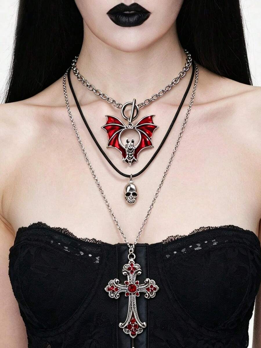 3pcs Vintage Gothic Red Bat Cross Skull Halloween Gothic Pendant, Unique Quirky Necklace - Red - View 1