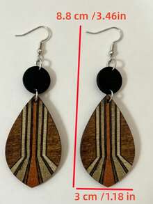 1 Pair Vintage Bohemian Striped Wooden Teardrop Earrings, Geometric Earrings - Multicolor - View 2