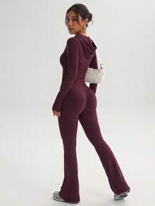 Burgundy Hooded Cropped Jacket With Thumb Holes And High-Waisted Flare Pants Set, Street Style Fitness Wear - Burgundy - View 7