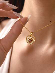 Rhinestone Double Heart Projection Customized Necklace, Customizable Built-In Projection Photo, Exquisite Double-Layer Heart Shape, Surrounded By Sparkling Rhinestones For Enhanced Ambiance. Gold Fine Cross Chain, Lightweight And Comfortable Fit, Durable Material. Romantic Confession Commemorative Accessory, Ideal Gift For Birthday And Anniversary, Stylish For Daily Wear, Projection Hides Exclusive Memories, Unique And Thoughtful. - Double Heart Projection Photo Necklace - View 2