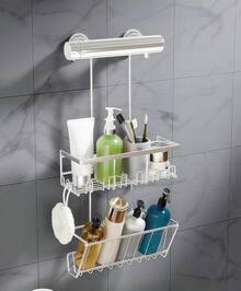 Silver Hanging Shower Caddy No-Drill, Practical Bathroom Shelf For Shower Essentials - 1 Pc - View 9