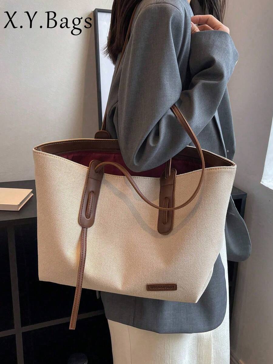 Beige Brown PU Colorblock Tote Bag Zipper Large Capacity Minimalist Women Commute Work College Shopping Travel - Beige - View 1