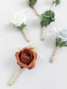 6Pcs Wedding Boutonniere For Groom And Groomsmen, Artificial PE Rose Lapel Pin ,Rustic Twine Wrapped Corsage For Wedding, Prom, Formal Party - Multicolor - View 6