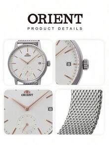 Men's ORIENT Quartz Watch, Silver Stainless Steel Strap, Clean White Dial, Rose Gold Stick Markers, Minimalist Slim Dress Watch For Business & Daily - Silver - View 5