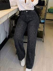 Celana Jeans Denim Wanita Model Lurus Longgar Gaya Vintage - Hitam - View 9