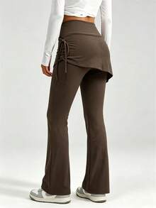 Women's High Waist Flare Leg Yoga Pants, Side Drawstring Tummy Control & Butt Lift, Fitness Training Workout Pants, Basic Casual Style - Camel - View 3