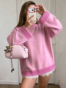 Cute Pink Women's Sweater, Long Sleeve Pullover, With Striped Details, Comfortable Winter Fashion, Suitable For Daily Wear - Pink - View 3