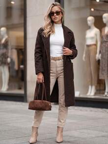 Women's Double-Breasted Teddy Coat With Lapels And Patch Pockets - Brown - View 2