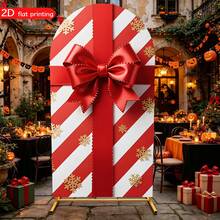 2D Flat Printed Christmas Arch Backdrop Cover, Red & White Striped Gift Box, Large Bow & Snowflake Pattern Elastic Curved Background Cloth, Christmas Party Photo Booth Decoration - SDJGMZ26A012 - View 3