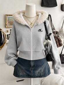 Autumn/Winter Tween Girls' Fashion Casual Faux Fur Collar Hooded Sweatshirt Jacket - Light Grey - View 1