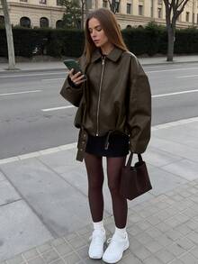 女款復古飛行員PU皮革夾克，純色休閒拉鍊款附口袋，標準版型冬季外套，適合秋季 - 綠色 - 查看 2