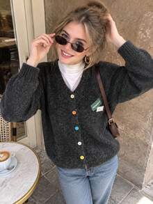 JIANHU Women's Fuzzy Knit Cardigan, Casual Warm Cardigan With Decorative Pockets, Everyday Street Style, Autumn/Winter - Grey - View 6