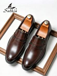 Salkin 奢华复古男士乐福鞋，尖头软皮透气正装鞋，绅士商务社交鞋，适合日常办公、婚礼、约会、浪漫晚餐、节日礼物、学生等各种场合，四季皆宜。建议选购大一码。 - 棕色 - 查看 2