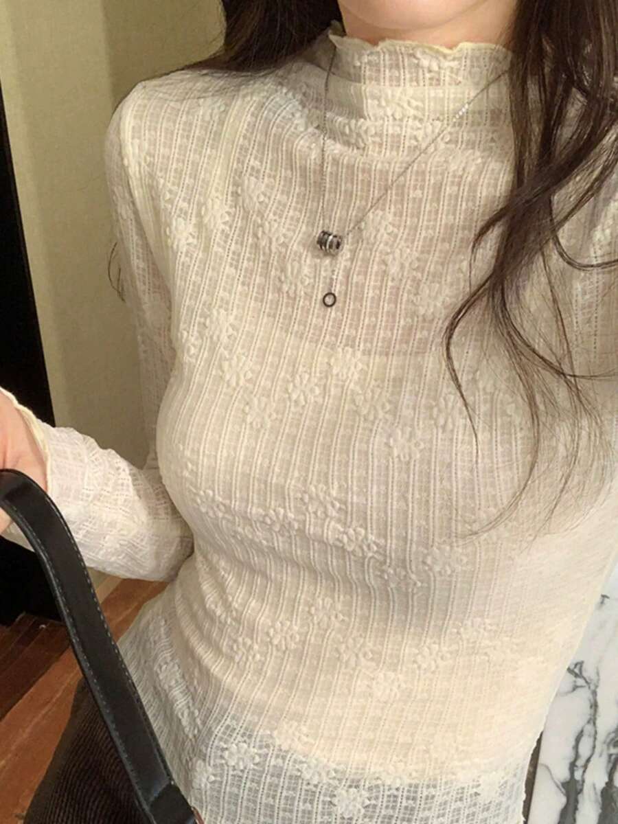 French Lace Mock Neck Slim Fit Women's Base Layer Top, Elegant Unique Innerwear, Soft Style, Spring/Autumn/Winter 2026 - Apricot - View 1