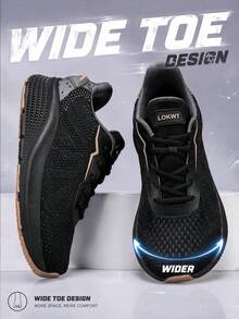 LOKWT 1 Pair Unisex Solid Color Athletic Fabric Mesh Spliced Wide Toe Box Running Shoes, Extra Wide & Extra Roomy, Outdoor All-Season - Black - View 3