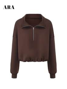 ARA CHIC Brown Short Half-Zip Women's Sweatshirt, Adjustable Drawstring Hem Ribbed Cuffs Loose Drop Shoulder Pullover, Y2K Casual Long Sleeve Top, Suitable For Sports, Daily Wear - Brown - View 8