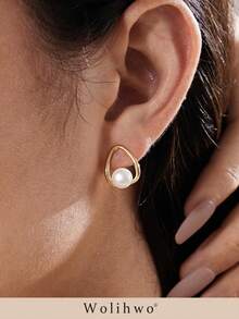 1Pair 14K Gold-Plated Pearl Earrings For Women Delicate Geometry Pearl Drop Dangle Earrings Jewelry Perfect For Everyday Wear - Gold - View 1