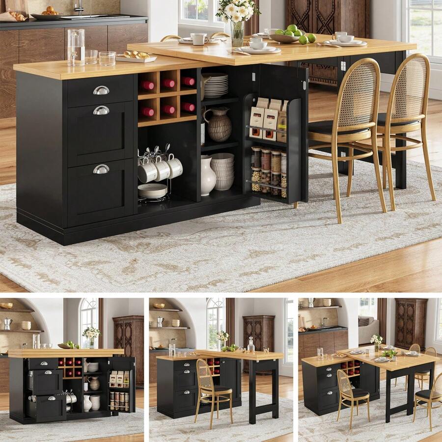 Extendable Sideboard & Dining Table Combo, 3 Drawers & Snack Rack & Wine Rack, Space-Saving Sideboard Small Flats, White/Black - Black + MDF - View 1