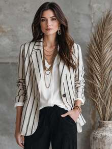 Women's Striped Woven Fabric Blazer, With Pockets And Button Details, Long Sleeve Regular Fit, Suitable For Fashionable Autumn Style - Black and White - View 1