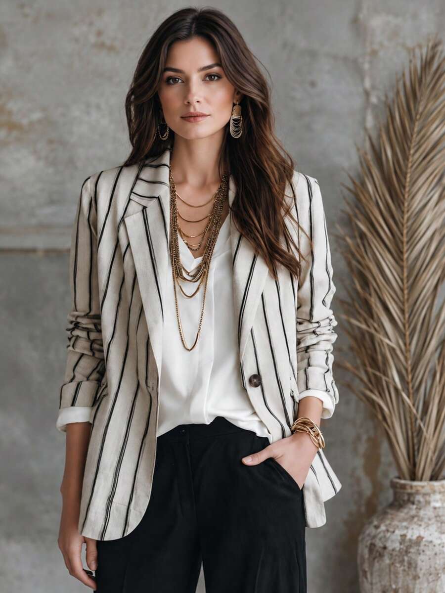 Women's Striped Woven Fabric Blazer, With Pockets And Button Details, Long Sleeve Regular Fit, Suitable For Fashionable Autumn Style - Black and White - View 1