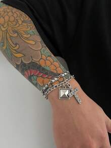 2pcs/Set Gothic Distressed Silver Rivet Bracelet, Double Layer Chain With Cross Pendant, Street Hip-Hop Style Fashion Accessory - White K - View 3
