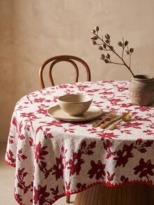 1pc Grey Background Deep Red Leaf Floral Pattern Tablecloth, Natural Vintage Style Fabric Material, Rectangular Red Polka Dot Hem Detail, Stain-Resistant Protection And Decorative Function, Suitable For Daily Home Dining Table And Natural Style Restaurant Decor - Red - View 7