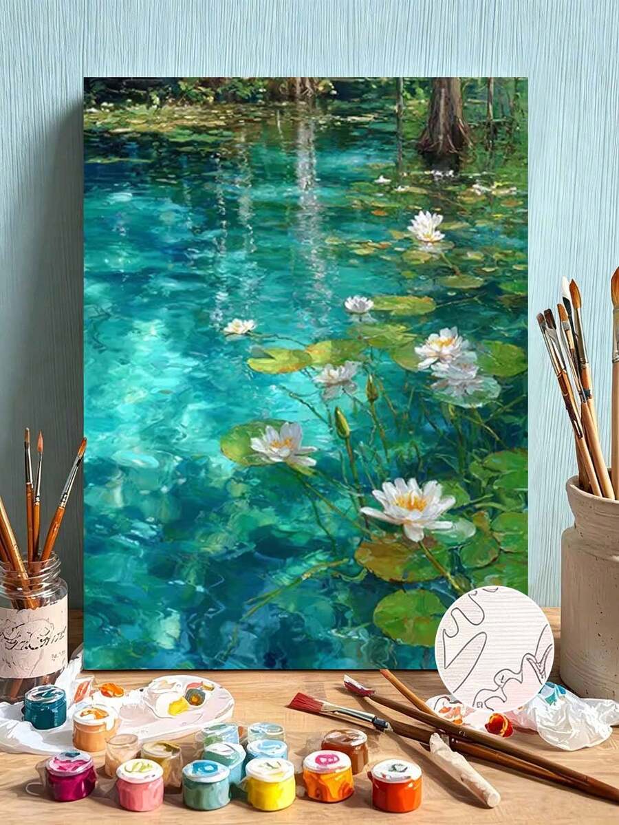 1 Set Of Digital Oil Painting Set, Suitable For Beginners, Clear Lotus Pond-Adult Beginner Set, Birthday Gift, Anniversary Gift, Holiday Gift, Home Decoration. - A - View 1