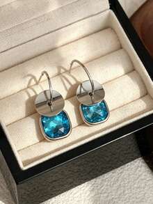 1 Pair French Elegant Square Sequin Blue Rhinestone Dangle Earrings, Minimalist Fashion High-End Design Korean Style Ear Hooks, Suitable For Women's Daily, Holiday, Commute Wear - Multicolor - View 6