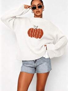 Halloween Pumpkin Pattern Mock Neck Sweater, Women Drop Shoulder Long Sleeve Loose Knit Pullover For Fall Casualc - White - View 4