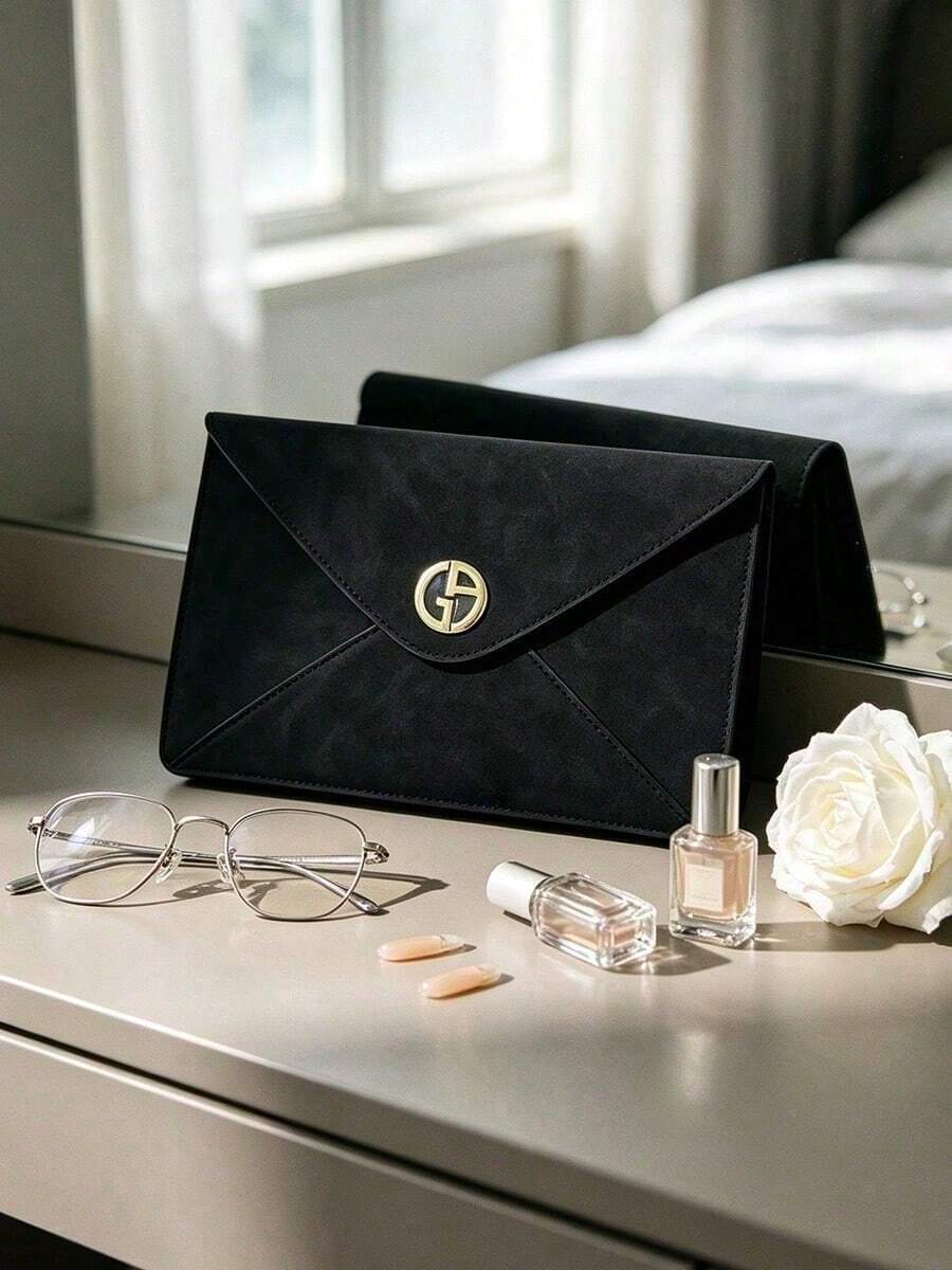 Black Envelope‑Style Suede‑Like Cosmetic Pouch Flip‑Cover Long Slim Clutch Makeup Bag With Round 3D Metal Logo Portable Storage Pouch For Glasses Jewelry Cosmetics Travel Holiday Gift Armani - Black - View 1